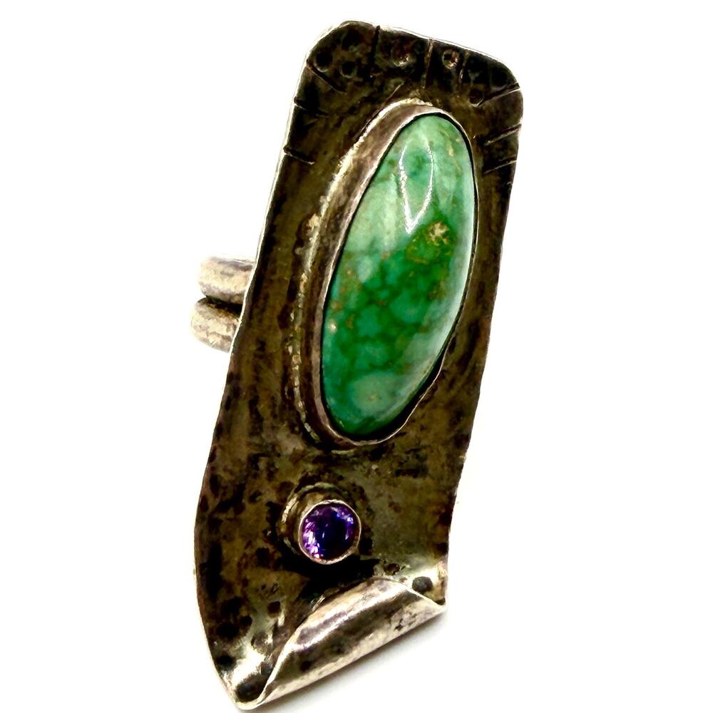 Vintage 80s Sterling Silver Genuine Green Turquoise Amethyst Modernist Ring
